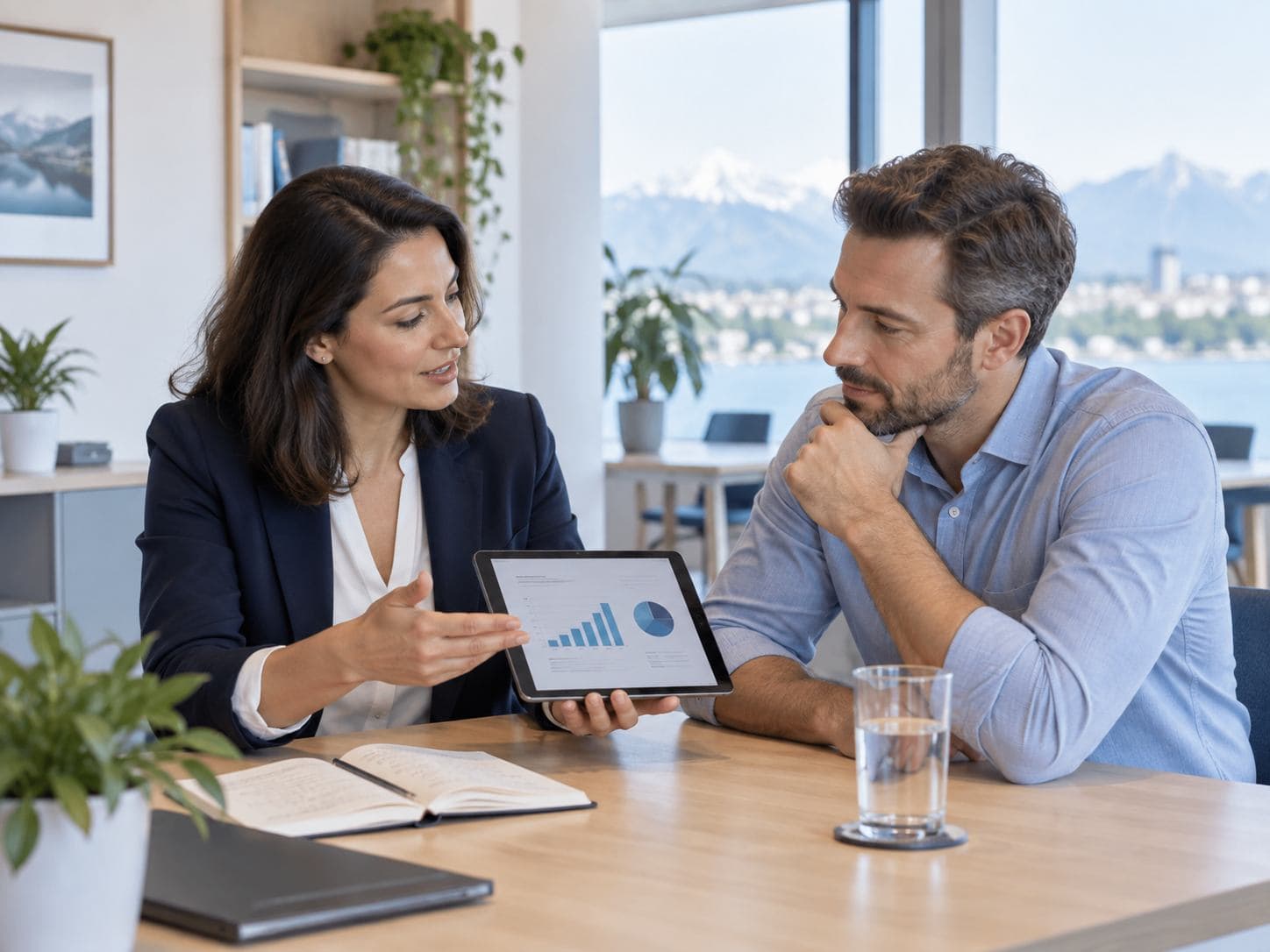 Professionnelle de la vente présentant une proposition à un client.