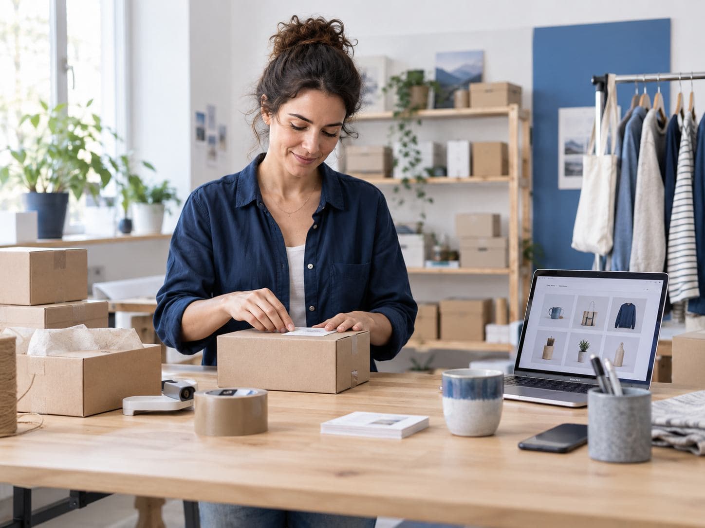 Responsable d’une boutique en ligne préparant un colis près de son ordinateur.