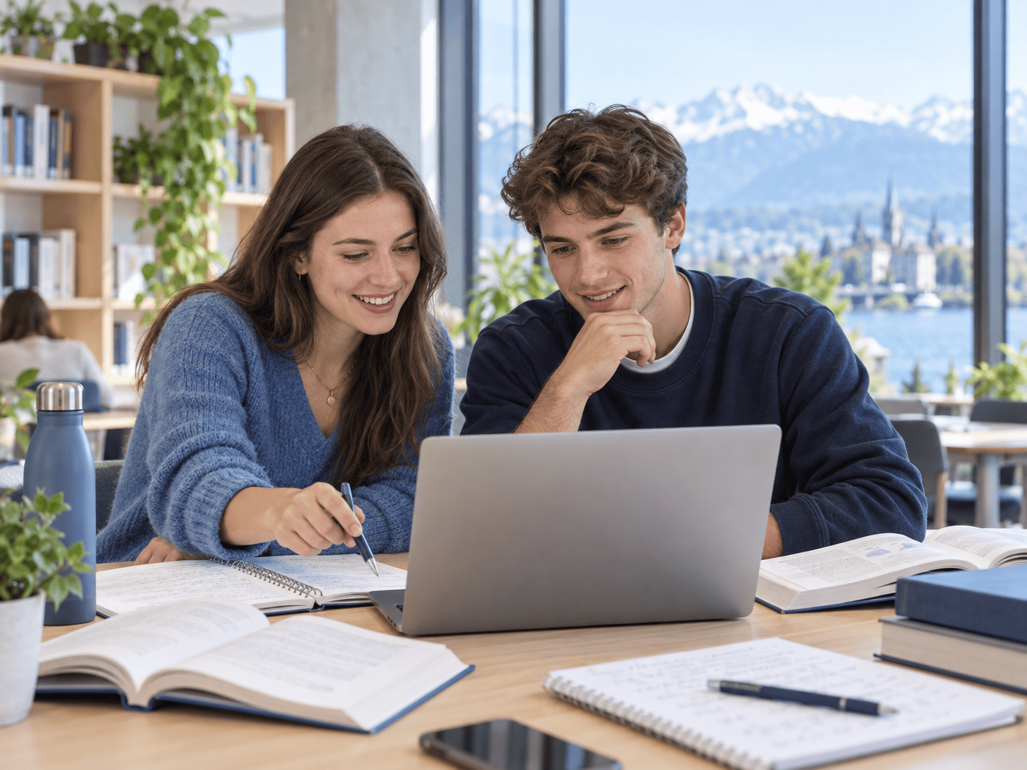 Deux étudiants révisent ensemble avec un ordinateur, des livres et des notes.