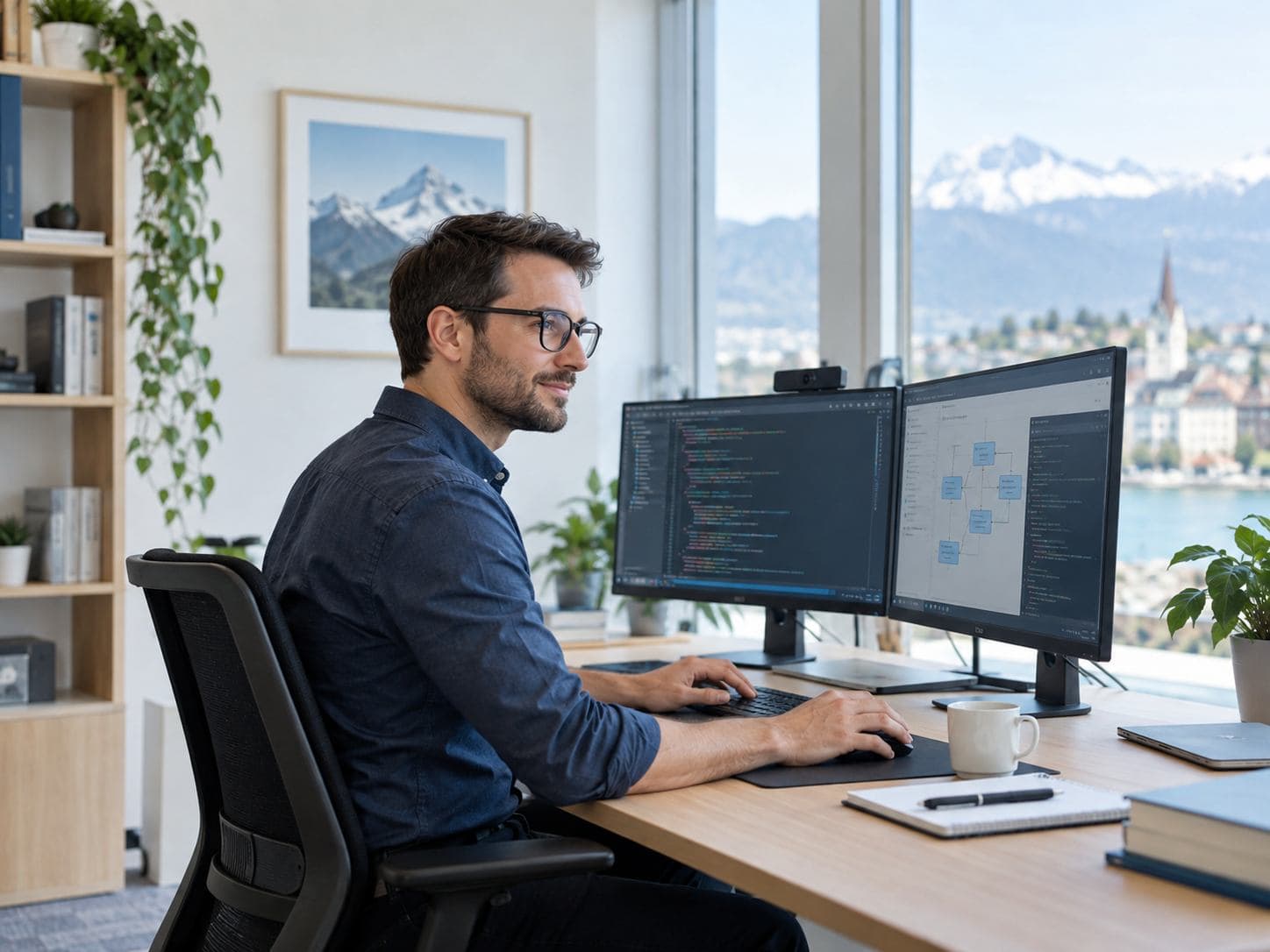 Professionnel informatique travaillant sur deux écrans.