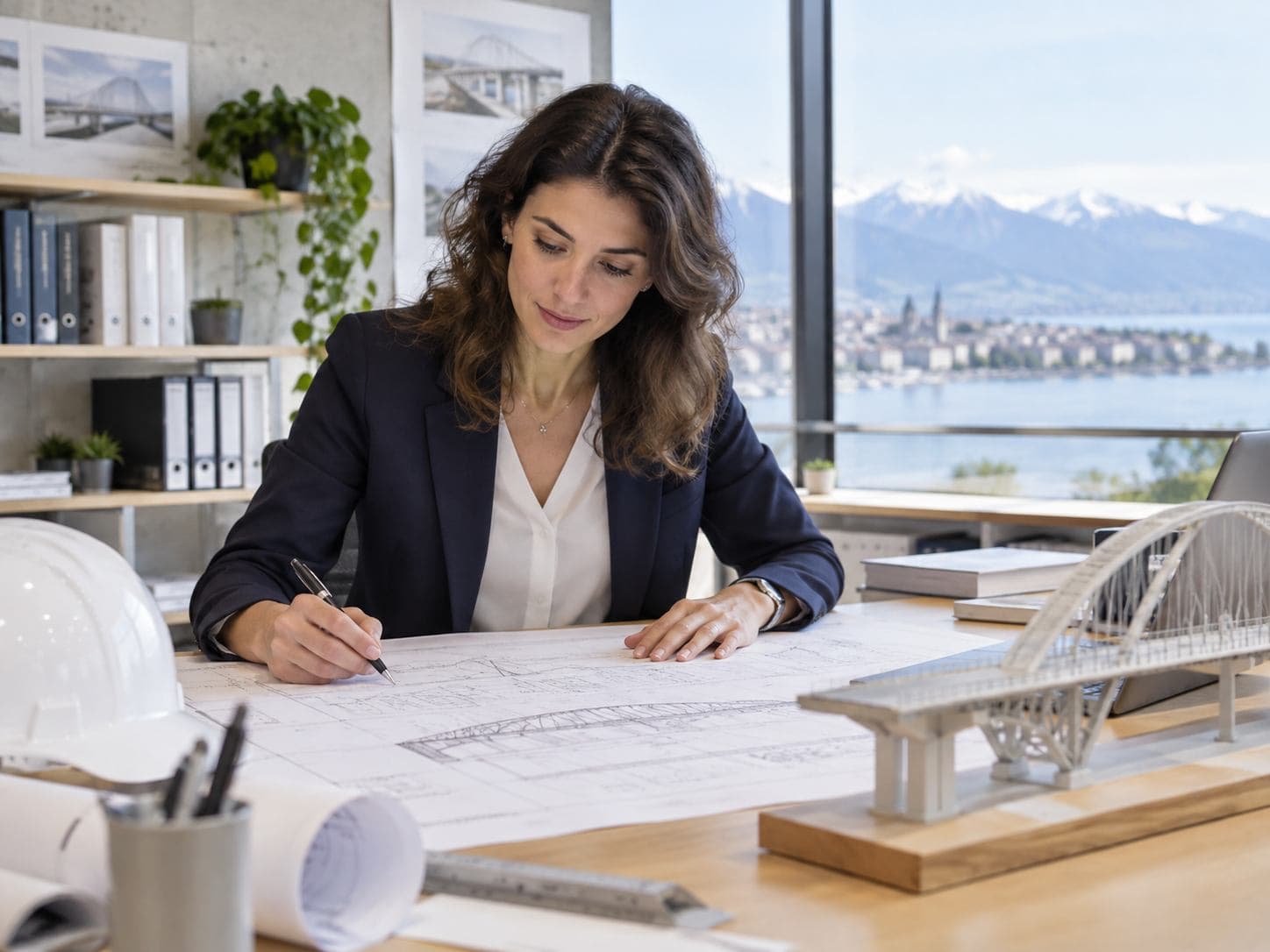 Ingénieure examinant des plans techniques avec une maquette de pont.