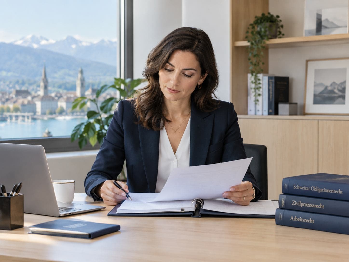 Professionnelle juridique examinant un dossier à son bureau.