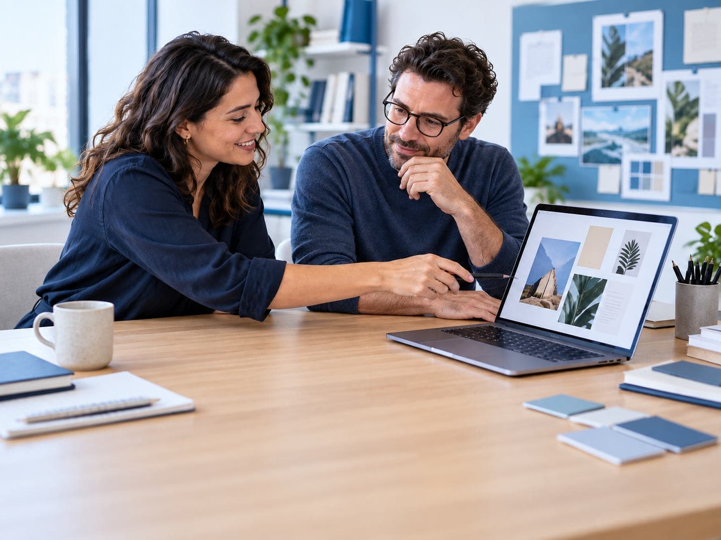 Deux professionnels du marketing préparant des contenus visuels.