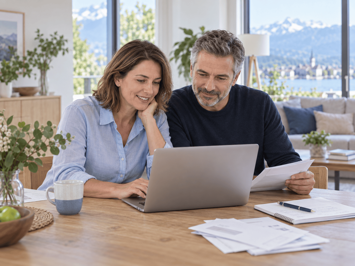 Deux adultes utilisent un ordinateur à domicile pour organiser leurs documents.
