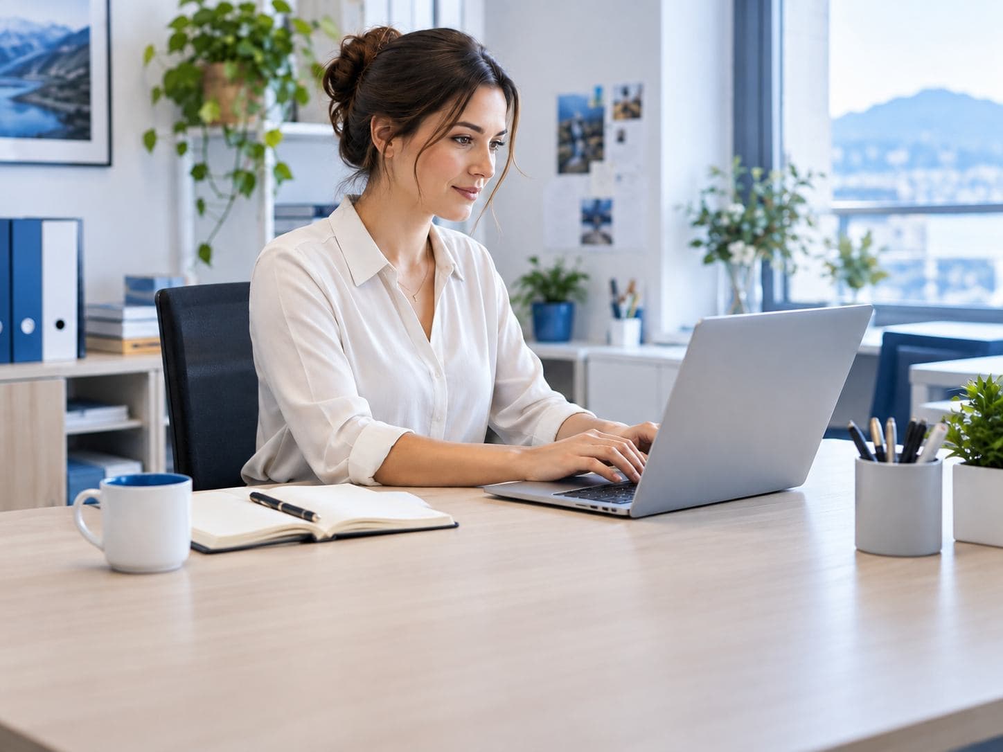 Assistante administrative travaillant sur un ordinateur portable.