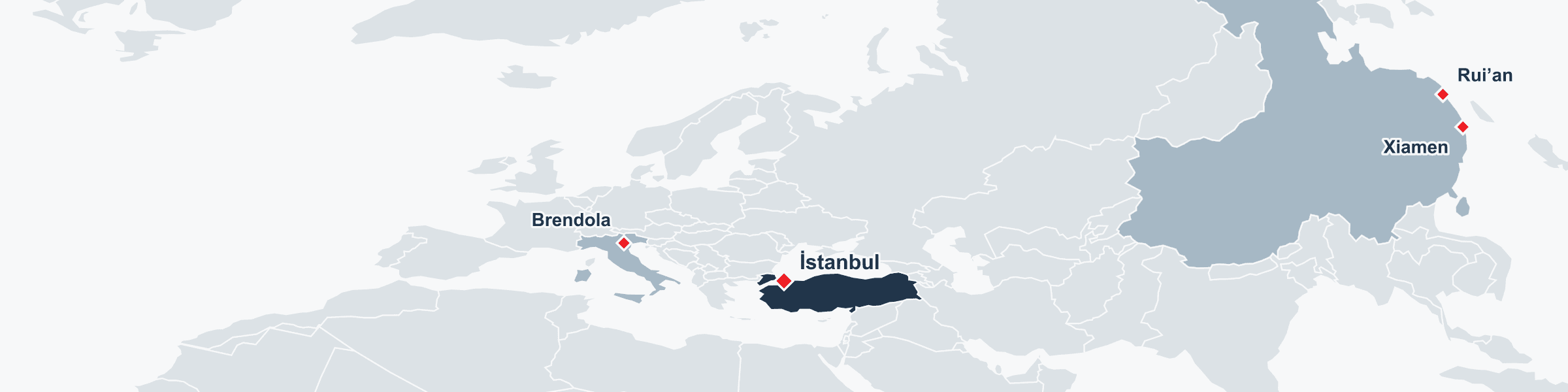 Avrupa-Asya haritasında İstanbul, Brendola, Rui’an ve Xiamen konumları