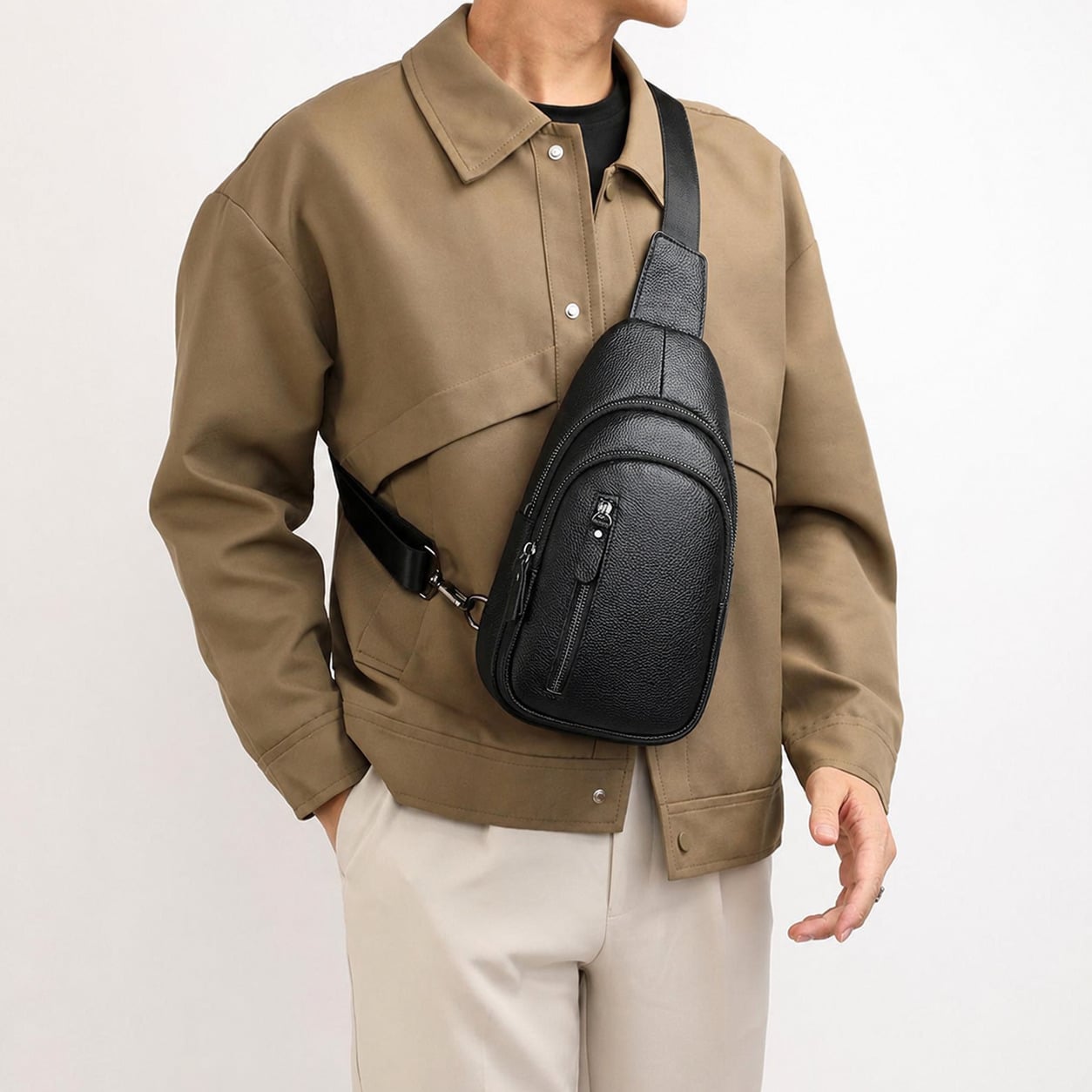 Men's black leather sling bag for casual and travel use.