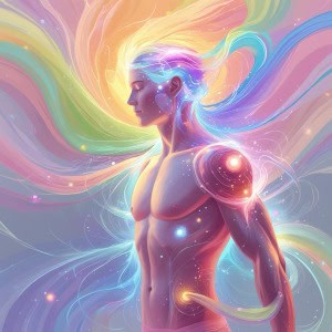 Fortgeschrittene Person mit holografischer Geometrie, Energiemustern und leuchtenden Effekten, symbolisiert Schutz und technologische Innovation im Bereich Cybersicherheit.