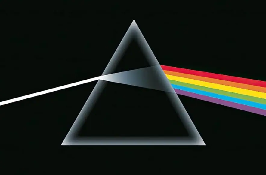 The Dark Side of the Moon cover with prism and rainbow beam