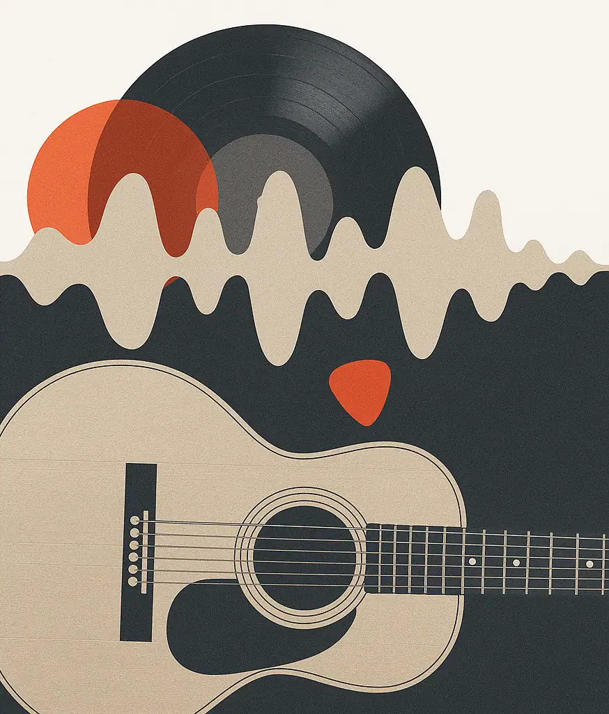 Abstract collage of guitars, waveforms, and vinyl records representing SlaveToMusic's deep listening approach.