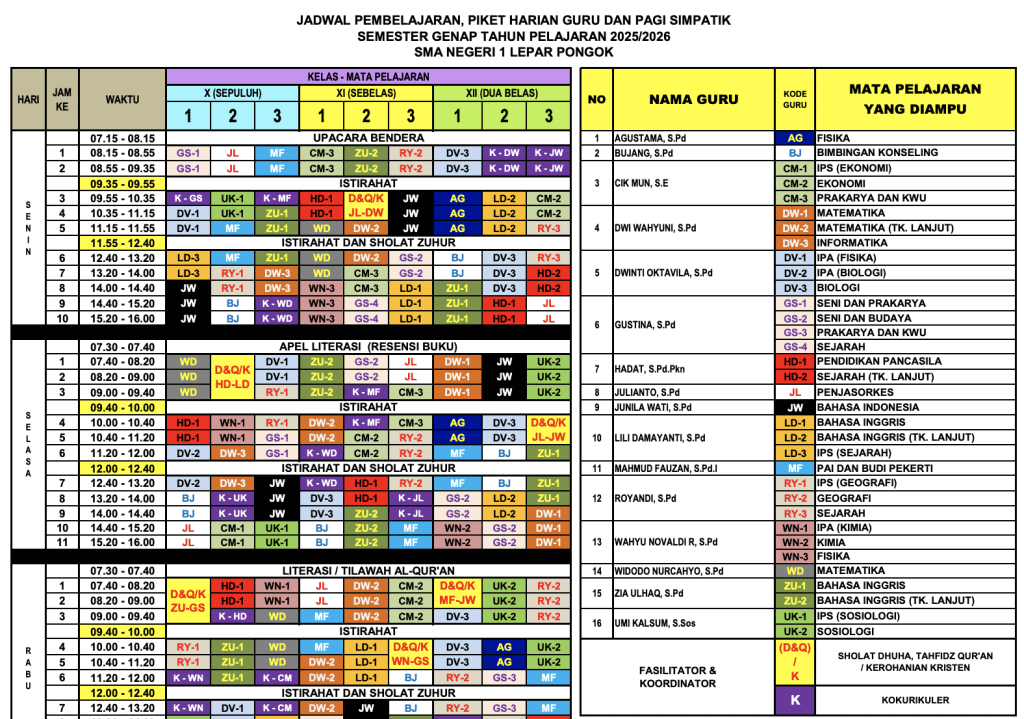 Jadwal Pembelajaran Semester Genap 2025-2026