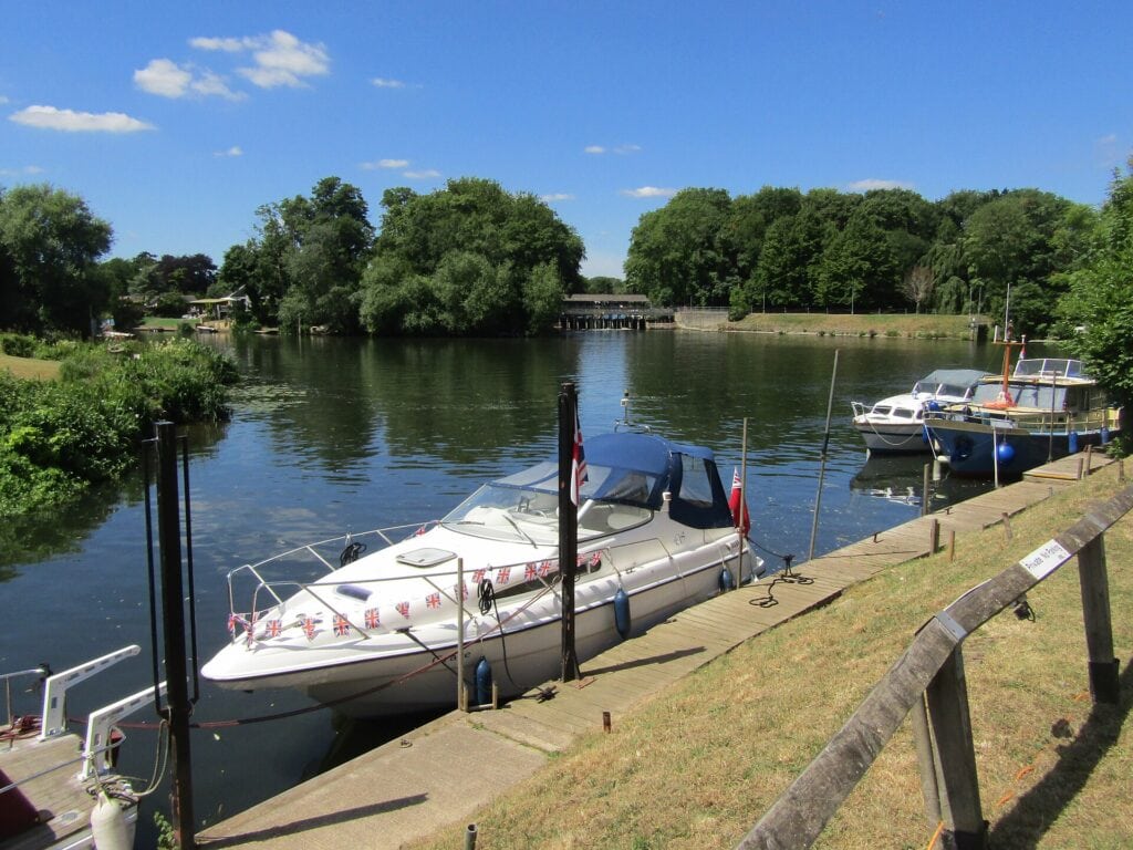 Boats moored at the mouth of the River Wey, where it joins the Thames at Weybridge