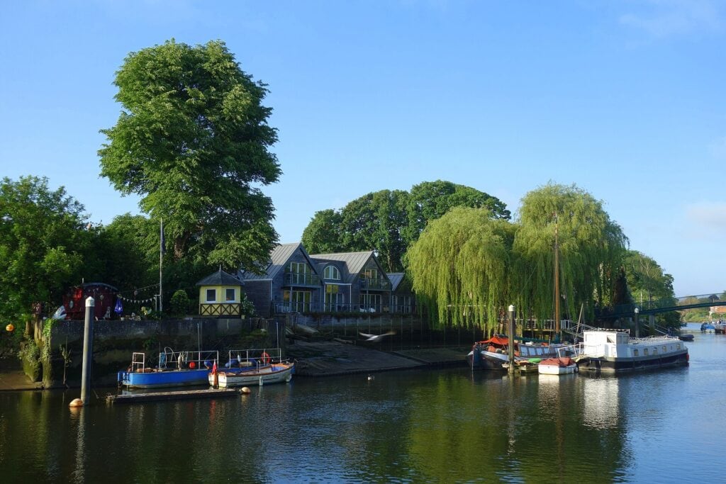 Eel Pie Island and moored boats on the Thames at Twickenham