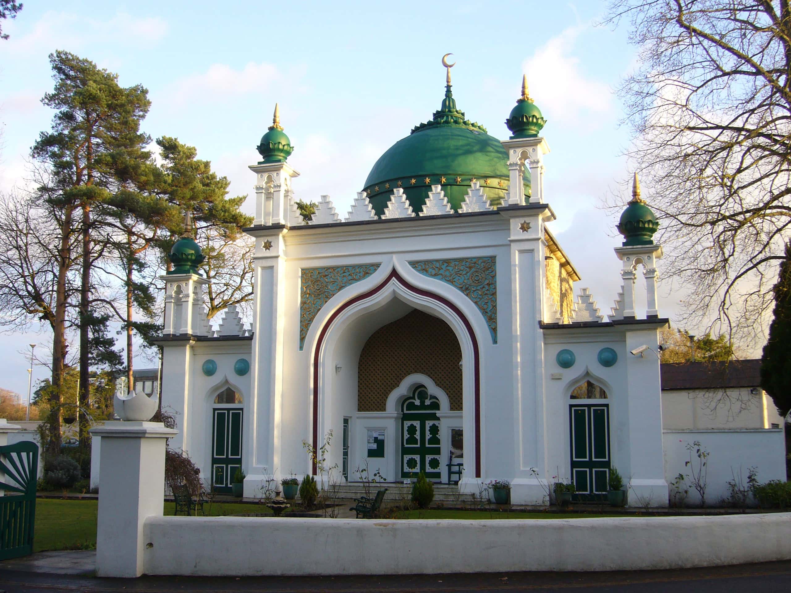 The Shah Jahan Mosque, Woking, with its green dome and white facade