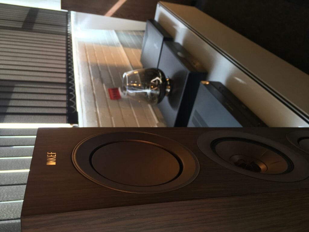 Walnut KEF R Series floorstanding loudspeaker with a Uni-Q array between two bass drivers