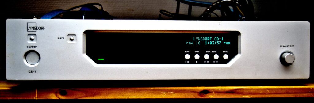 Front panel of a silver Lyngdorf CD-1 CD player