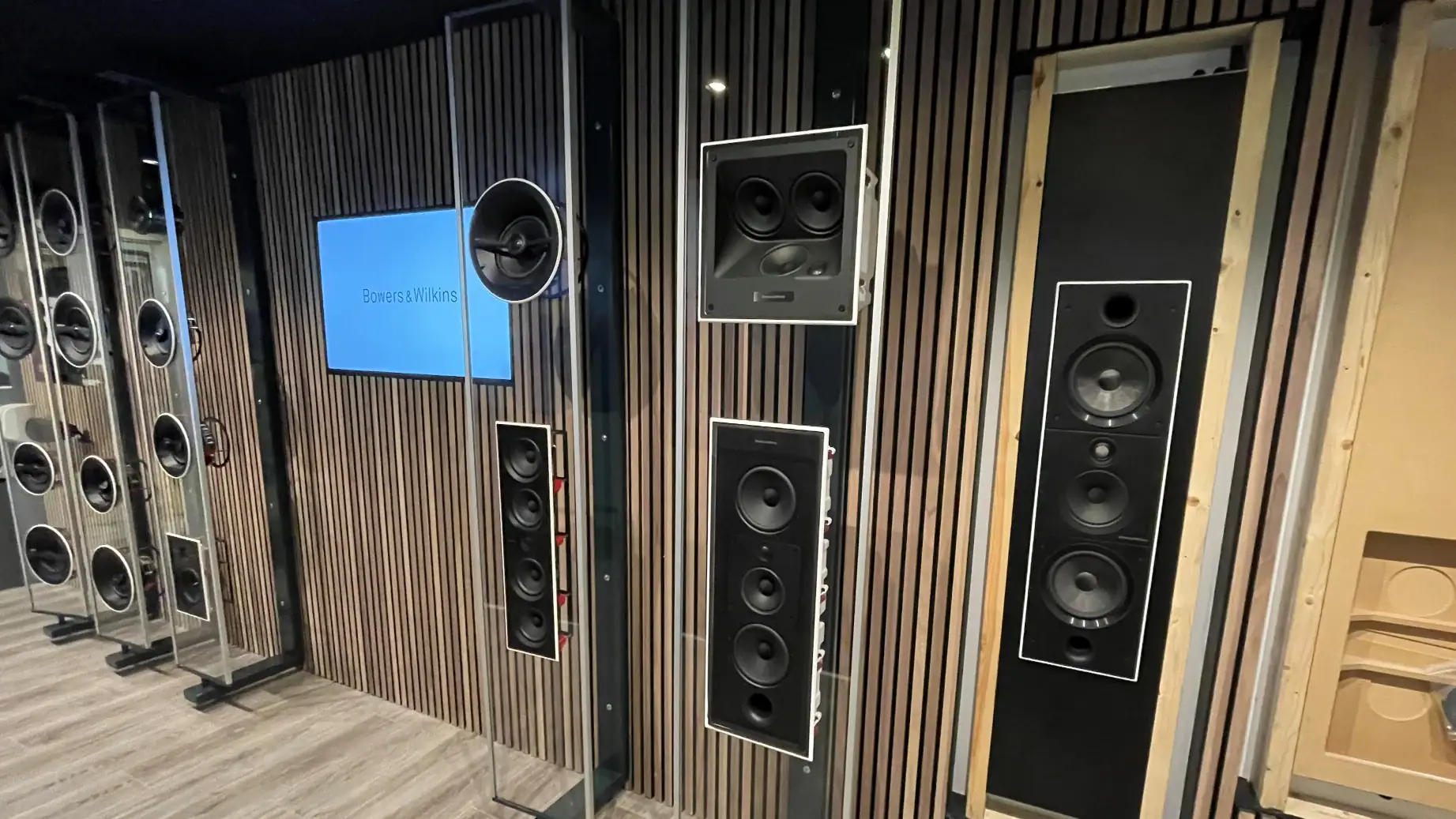 The speaker wall in our Walton-on-Thames showroom