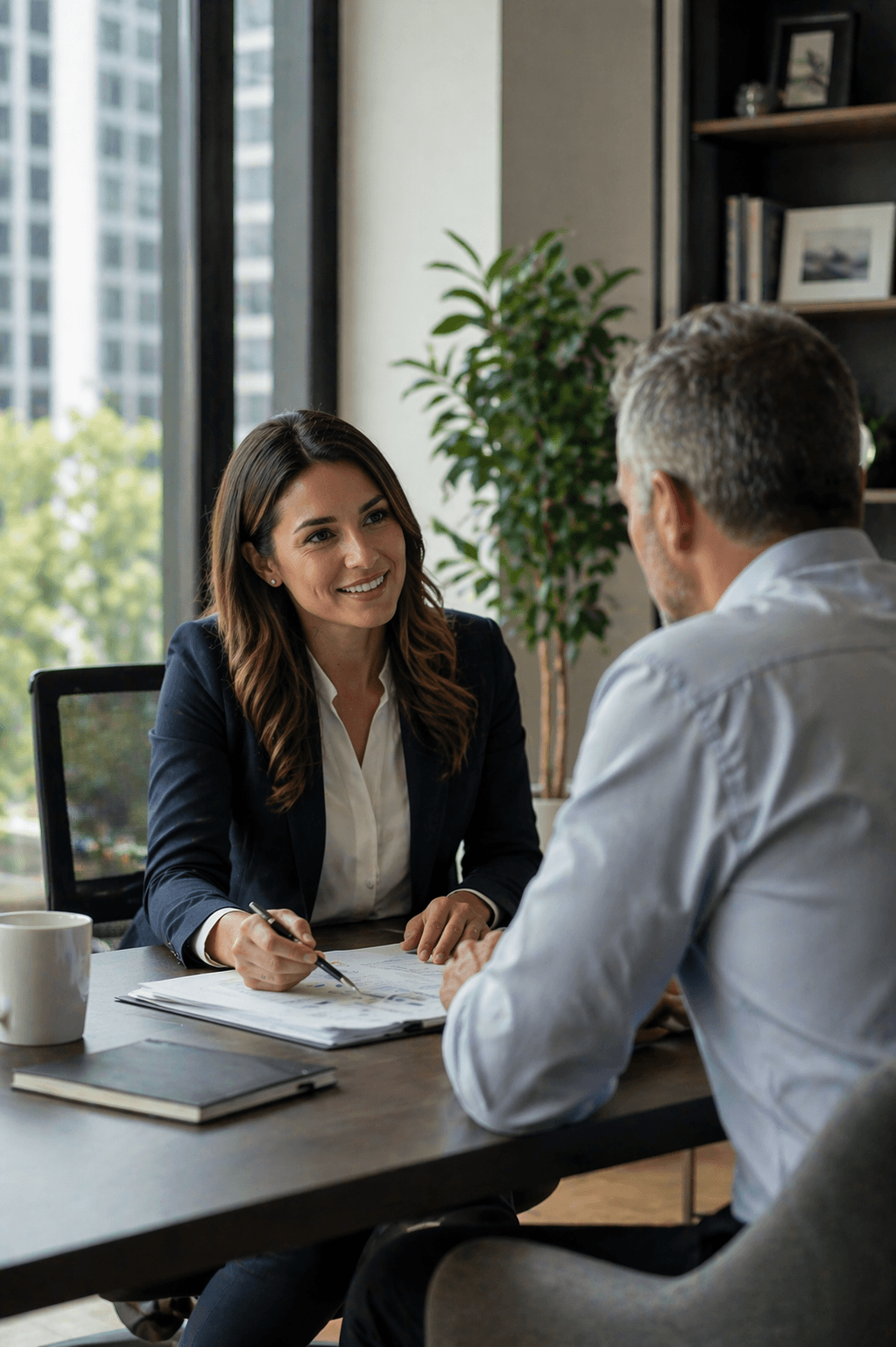 Insurance advisor working with a client in a modern office
