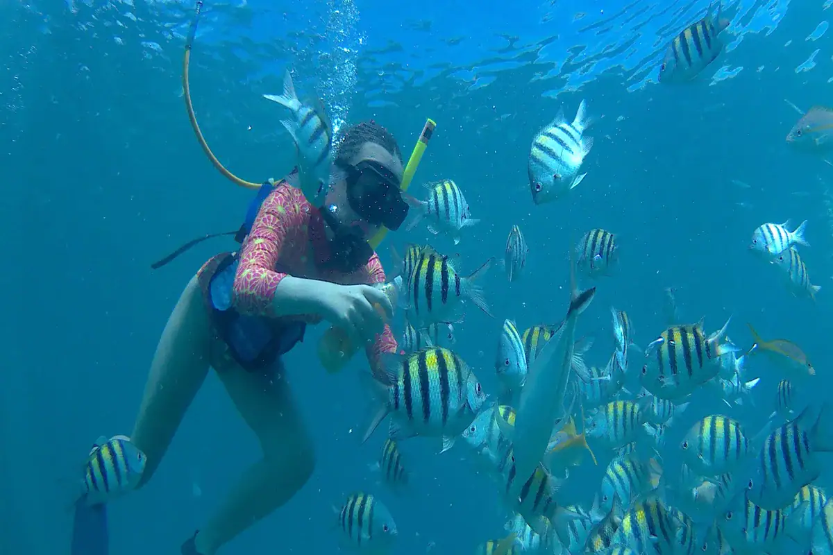 Colorful SNUBA guest with tropical fish in clear Sint Maarten water