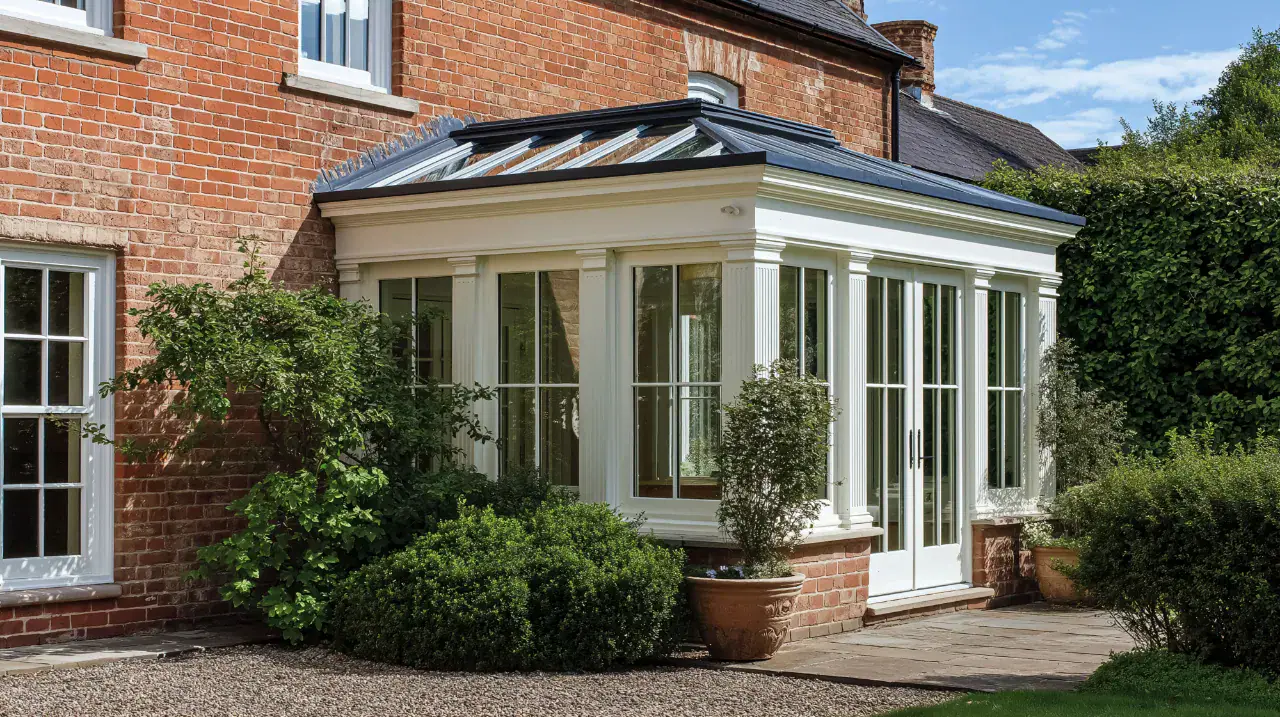 newly built orangery with large doors and windows