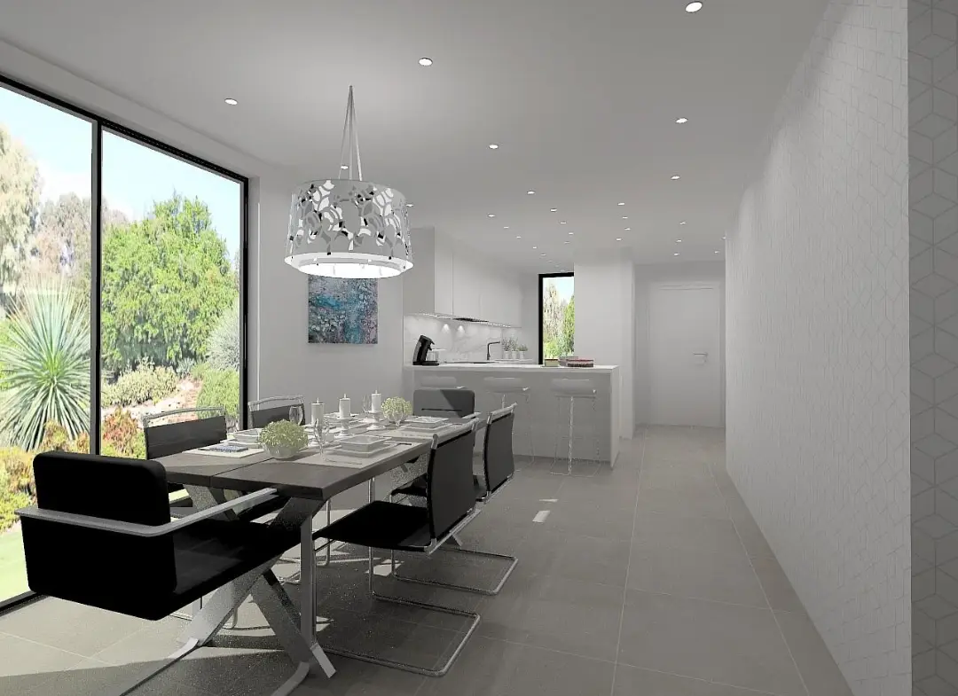 Luxusní otevřený koncept v apartmánu ve Fuengirole, který harmonicky propojuje moderní kuchyň s dominantním ostrovem sloužícím jako stylový snídaňový bar, a na ni navazující jídelní část s velkorysým stolem pro rodinu a přátele. Tento design vytváří dokonalé společenské centrum domova na pobřeží Costa del Sol ve Španělsku