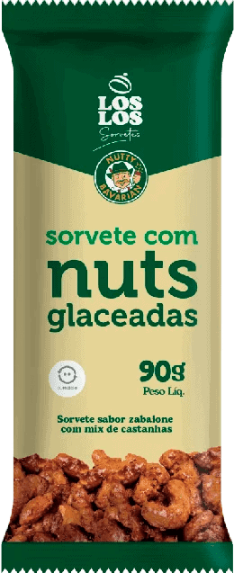 Los Los ice cream bar with glazed nuts. "Sorvete com nuts glaceadas" text on package.
