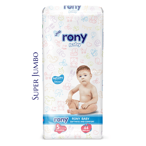 Baby diapers Rony brand x-large size 44 pcs super jumbo packaging high absorbency leak protection bulk manufacturer