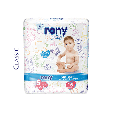 Baby diapers Rony brand x-large size 16 pcs classic packaging high absorbency leak protection bulk manufacturer