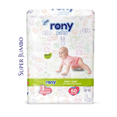 Baby diapers Rony brand medium size 60 pcs super jumbo packaging high absorbency leak protection bulk manufacturer
