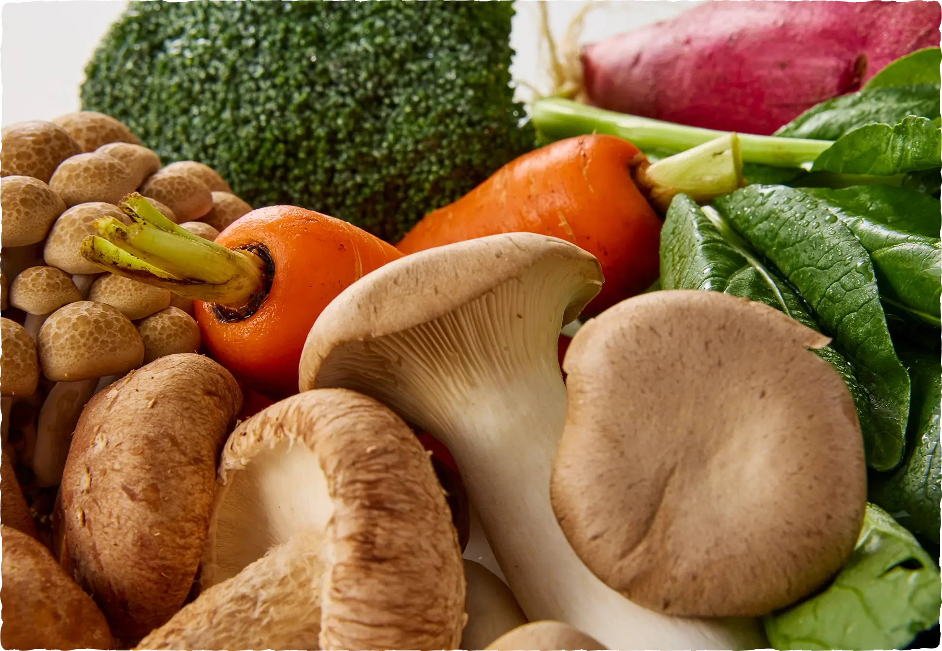 さつまいも、きのこ、人参、小松菜、ブロッコリーの5種類の低糖質、かつ無農薬野菜