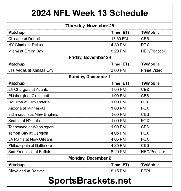 2024 NFL Week 13 Schedule; Printable, TV Schedules Sports Brackets