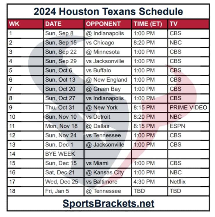 Printable 2024 Houston Texans schedule