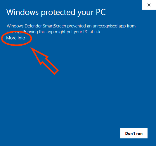 Windows protected your PC - kliknite More info