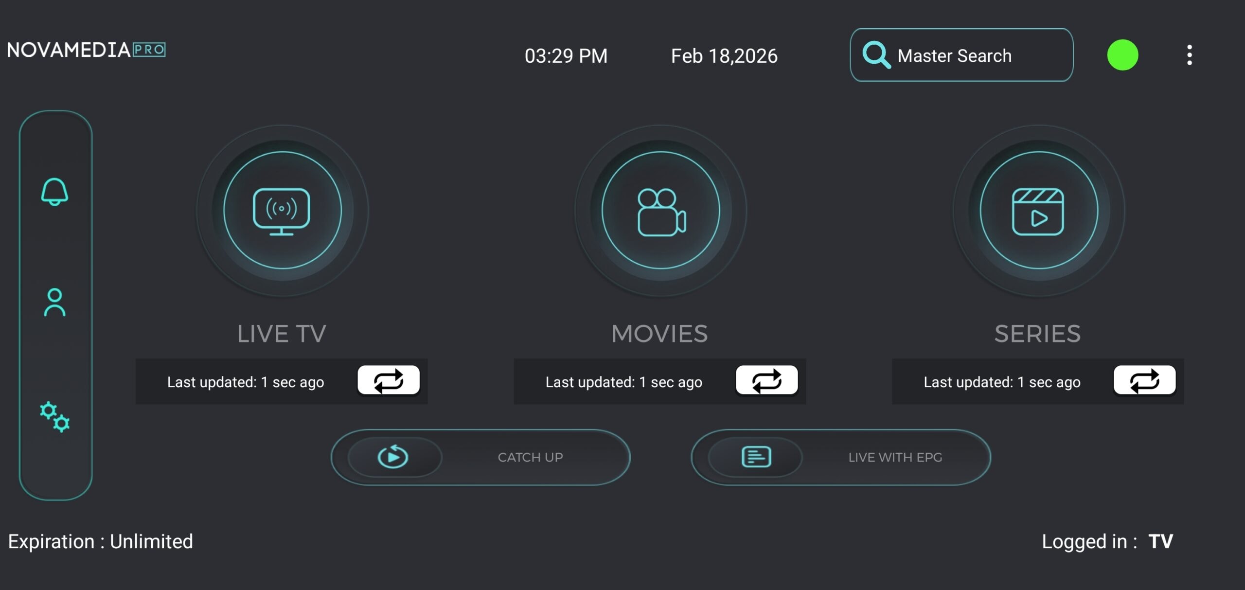 Početni ekran aplikacije - zelena tačka (VPN aktivan)