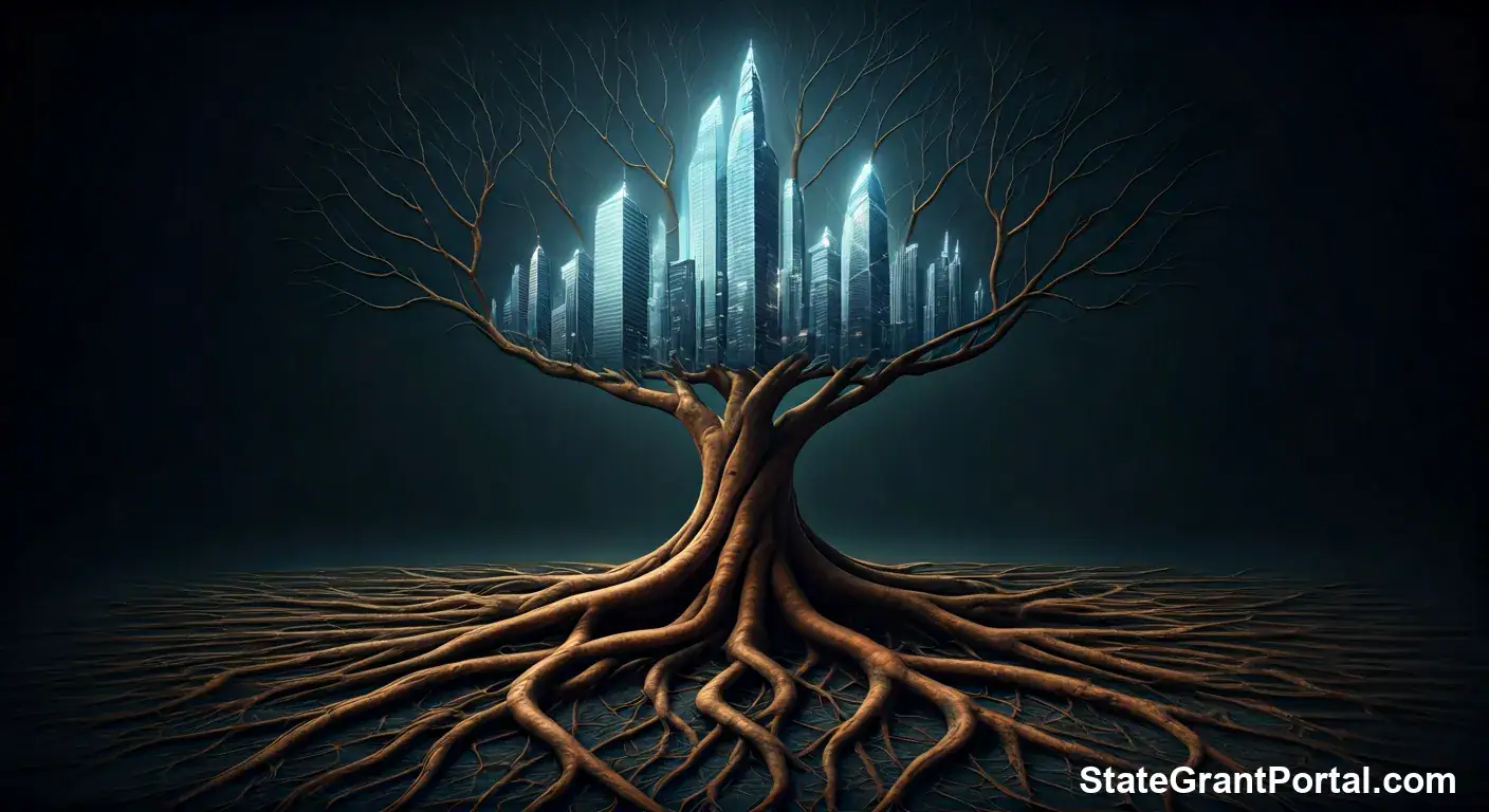Conceptual art of a tree growing into a city representing Trump Accounts and the future of Tax-Free Social Security 2026