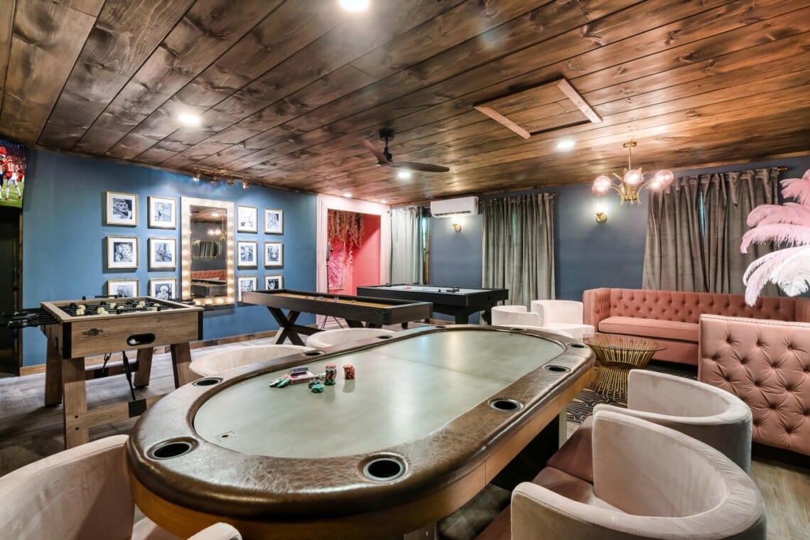 A one-of-a-kind Dolly Parton game room, built for poker, foosball, and hours of entertainment.