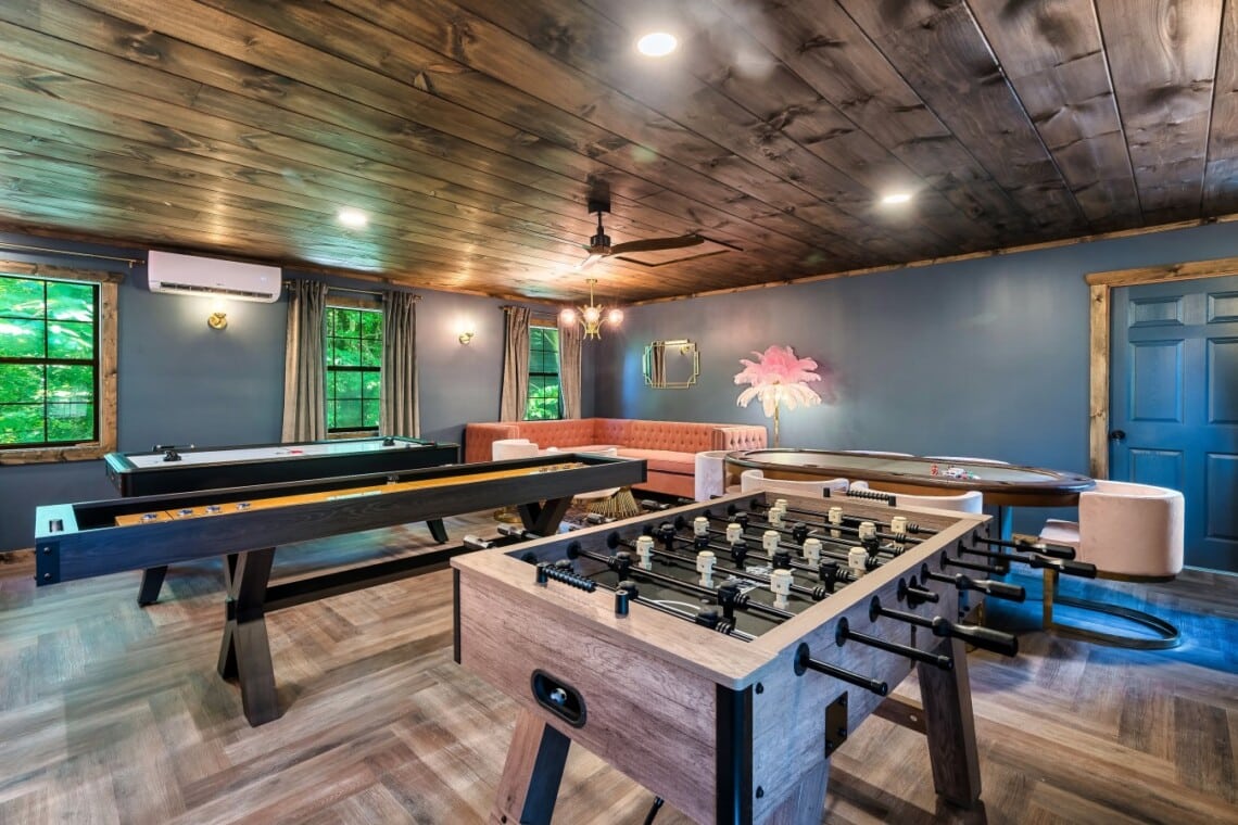 Foosball, shuffleboard, air hockey, and poker, the full game room lineup!