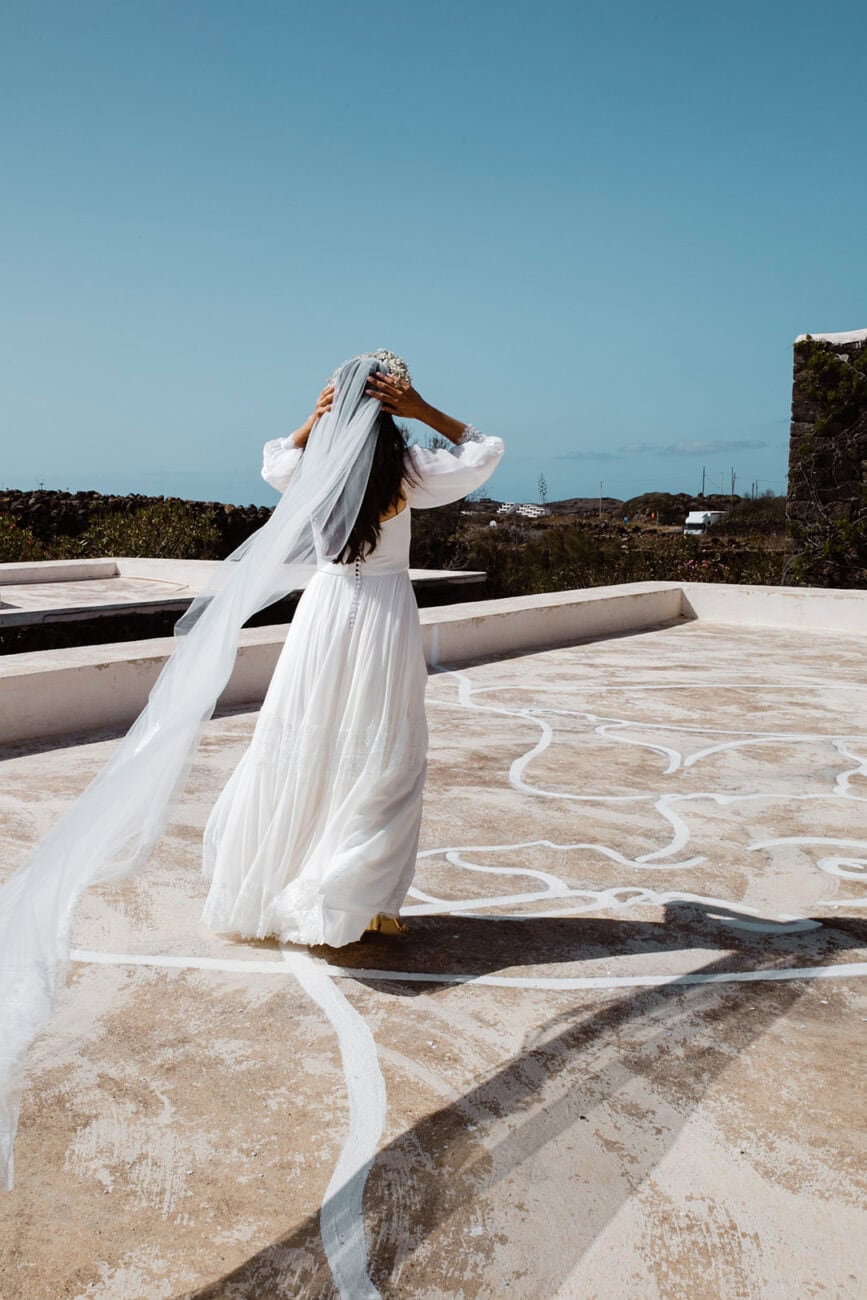 Bridal veil flowing on rooftop terrace