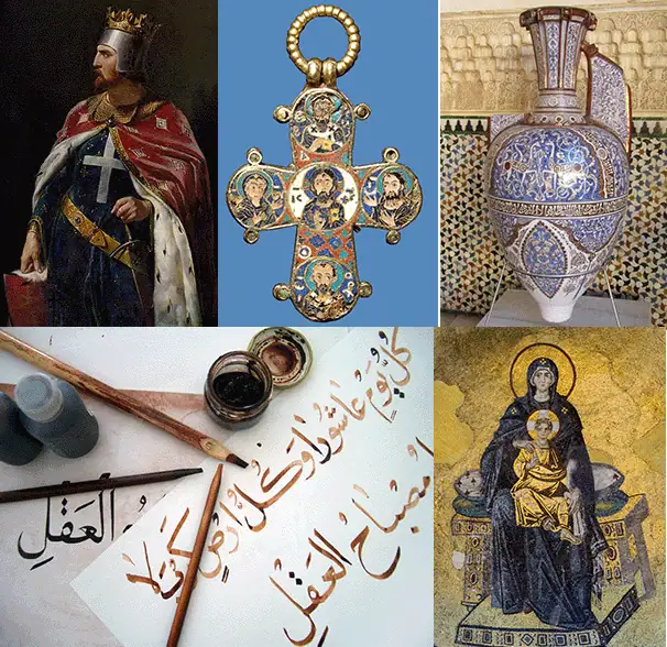 Former och konstverk som illustrerar Bysans och Islamisk expansion.