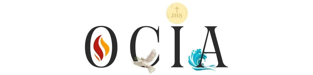 Logo featuring the letters OCIA with a flame, dove, and wave motifs, along with a gold circle containing a cross and 'JHS'.