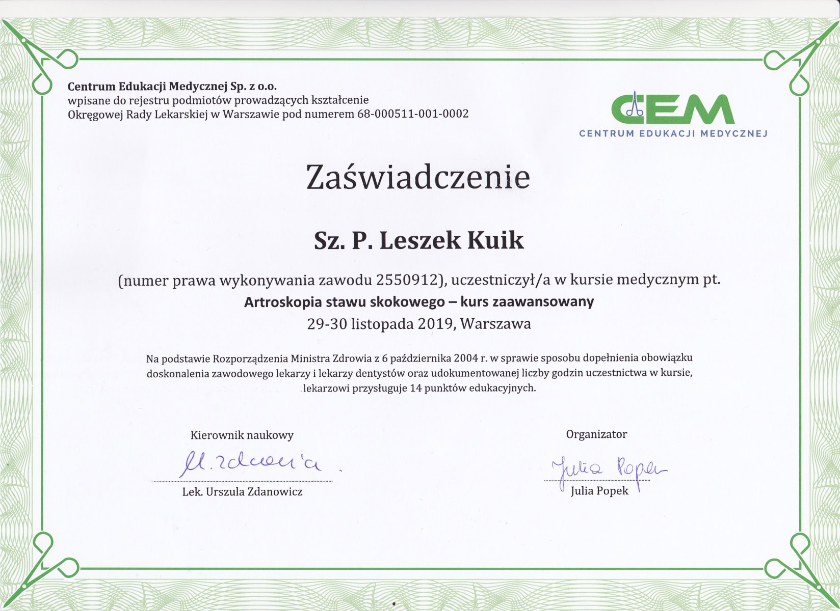 certyfikat-artroskopia-leszek-kuik