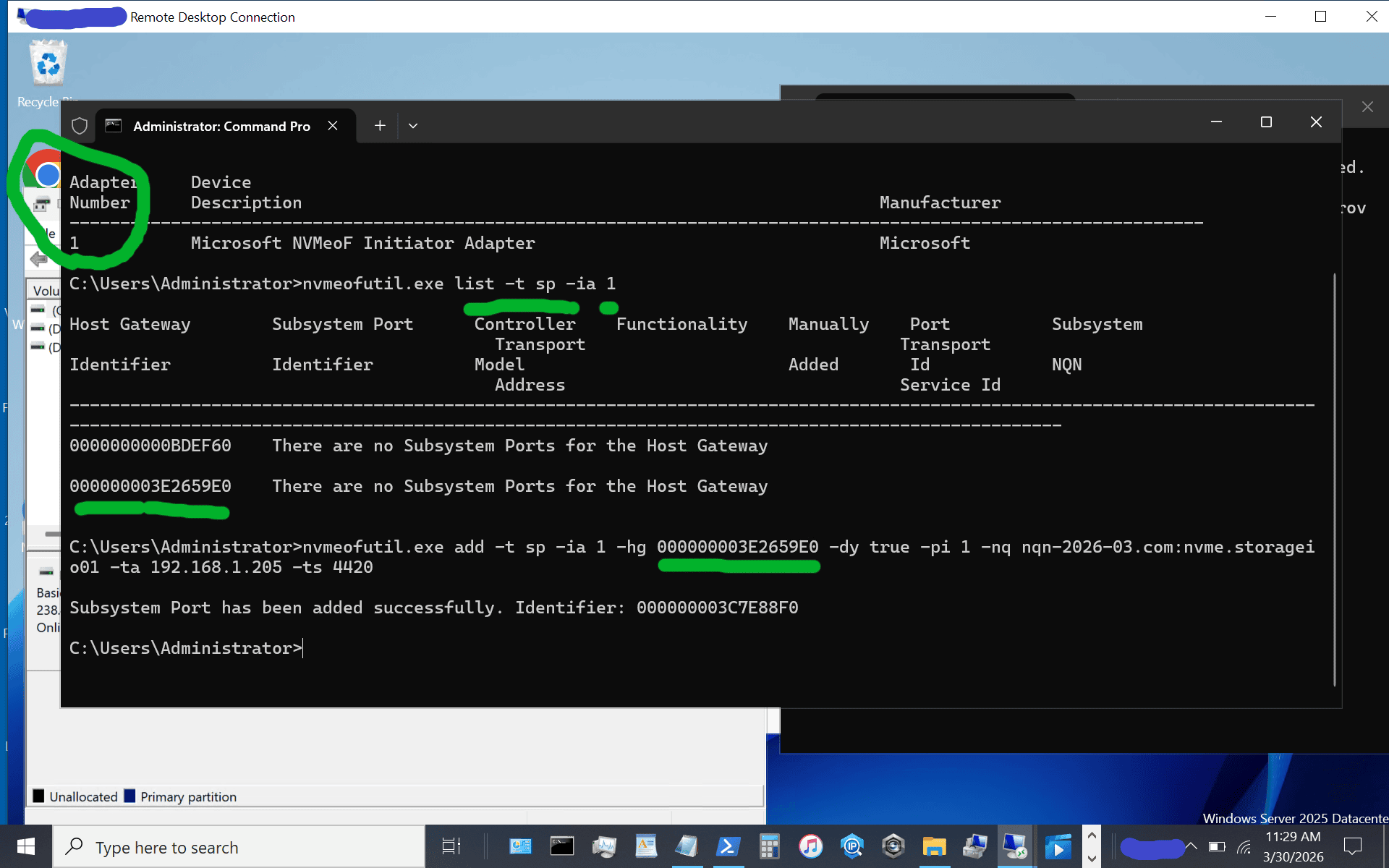 windows server vnext nvmeof host initiator setup showing host gateway and other information