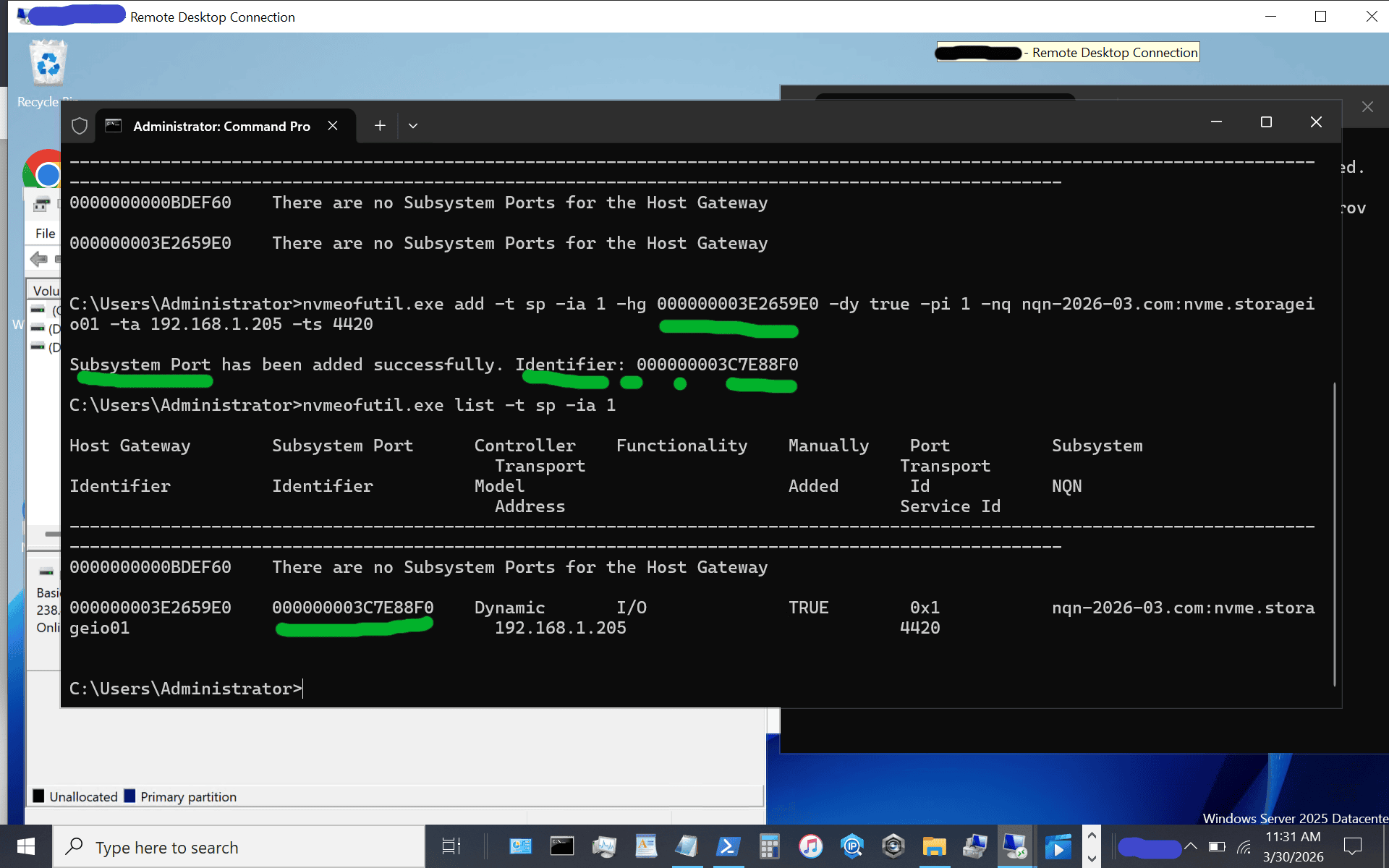 windows server vnext nvmeof host initiator setup showing subsystem information of available targets