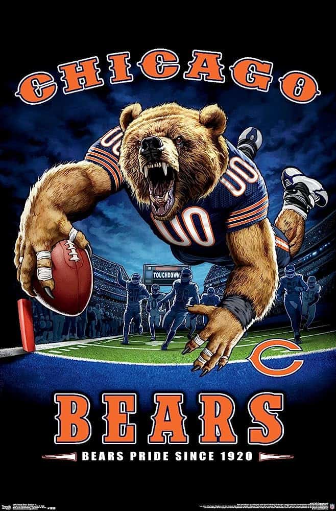 Bear mascot holding football, Chicago Bears logo, football stadium scene, NFL team fan art, sports mascot illustration.