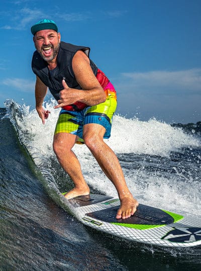 Rider on the Phase 5 Doctor 2025 wakesurf board on Lake Washington, Seattle