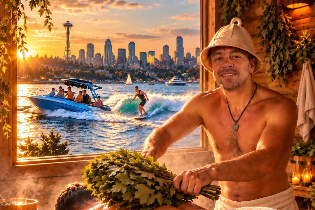 Wakesurf + Sauna Day in Seattle: a smiling captain steams a guest with a birch venik, wakesurfing and the Seattle skyline outside the window