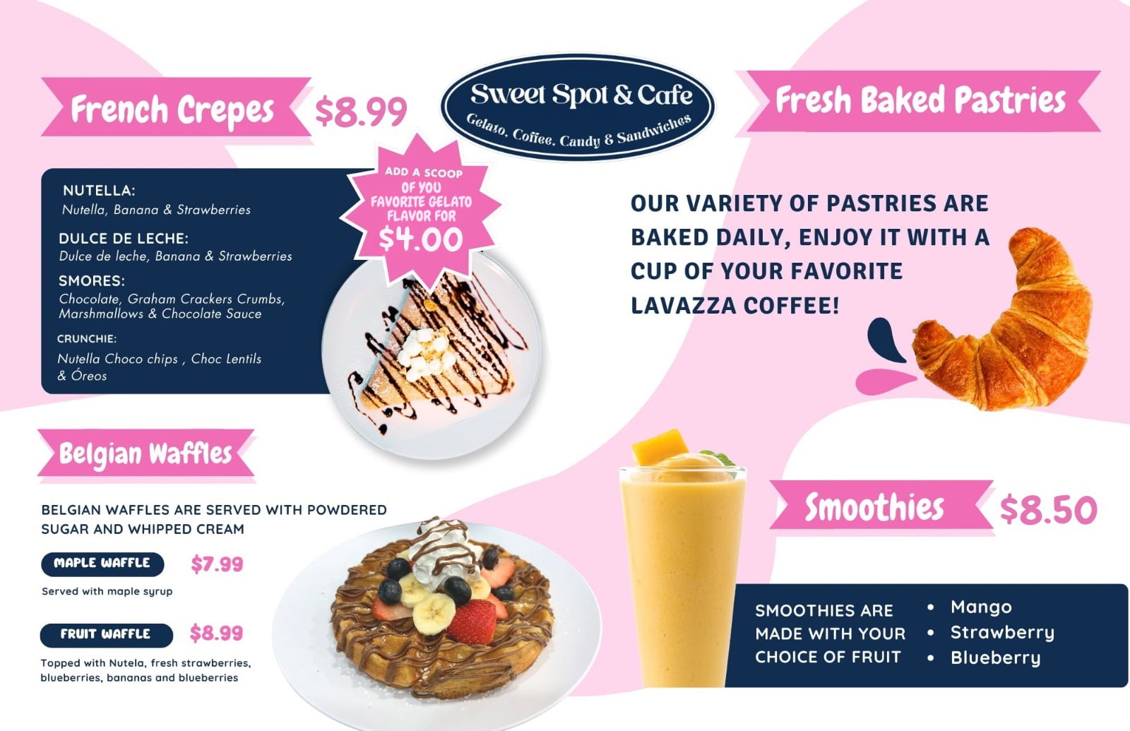 Sweet Spot Cafe menu featuring French crepes, Belgian waffles, pastries, and fruit smoothies in Bellaire, Texas