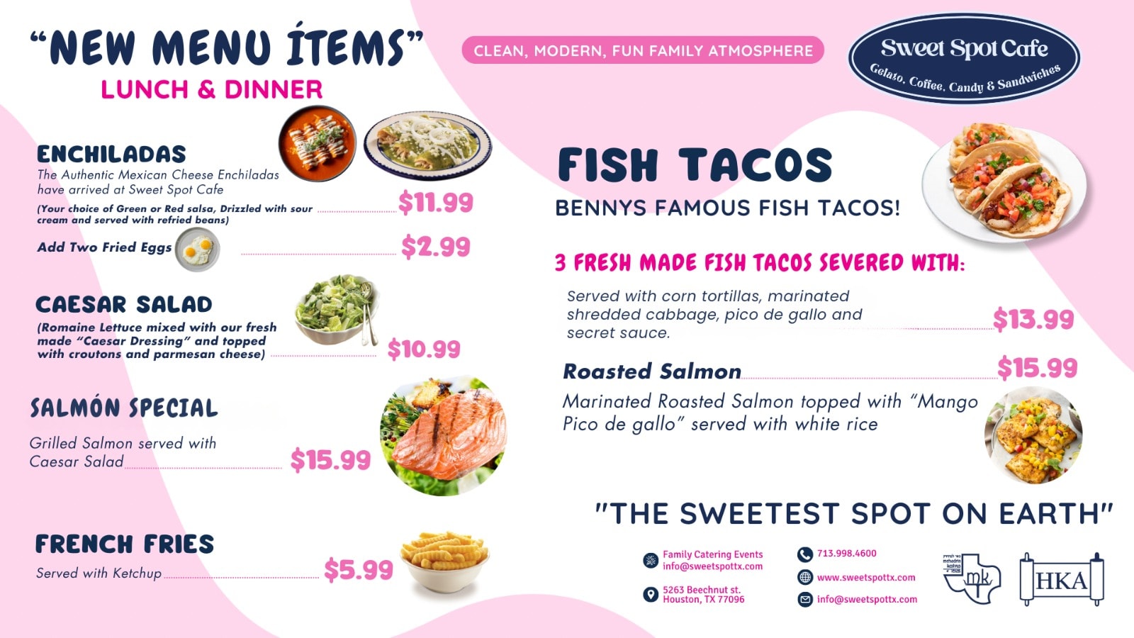 Sweet Spot Cafe lunch and dinner menu with enchiladas, Caesar salad, salmon special, French fries, and fish tacos in Bellaire, Texas