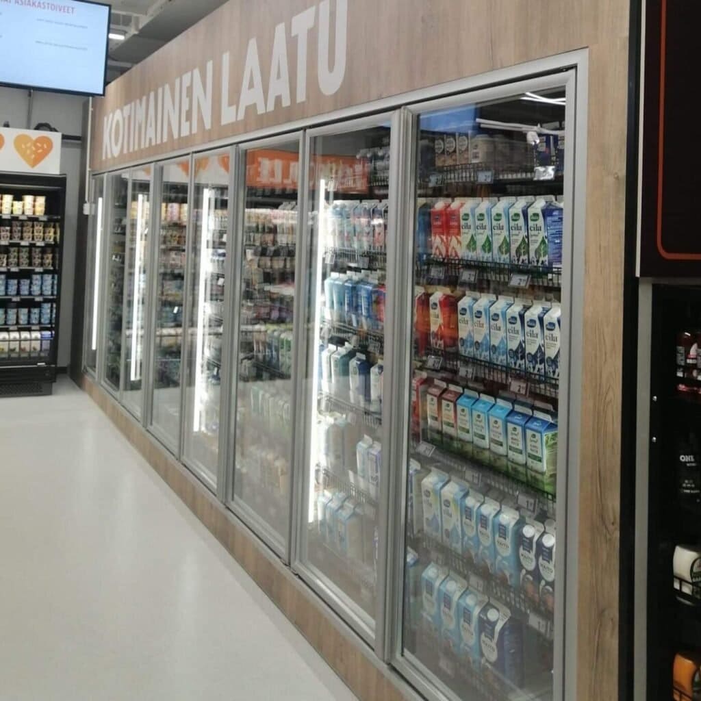 Cold room storage units inside a supermarket for fresh products