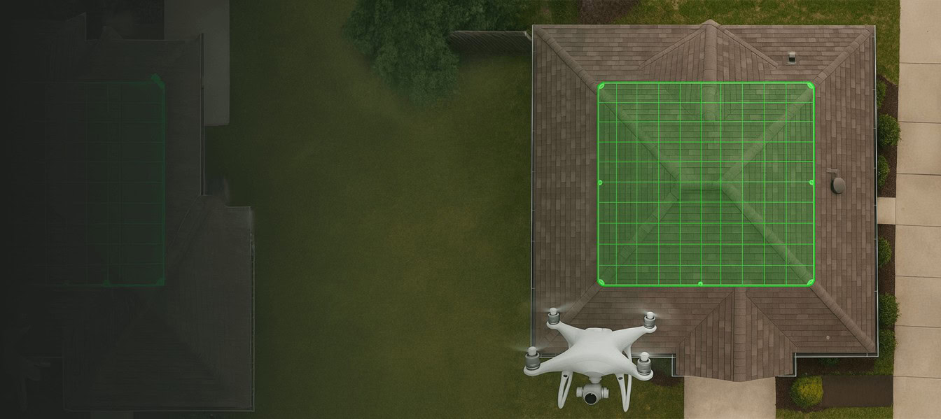Drone mapping a DFW roof with a green scan grid